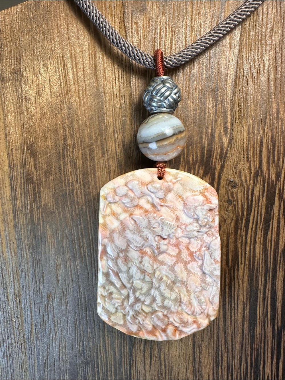 Coral Fossil Tiger Pendant Necklace on Light Brown Adjustable Rope - Picture 4 of 16